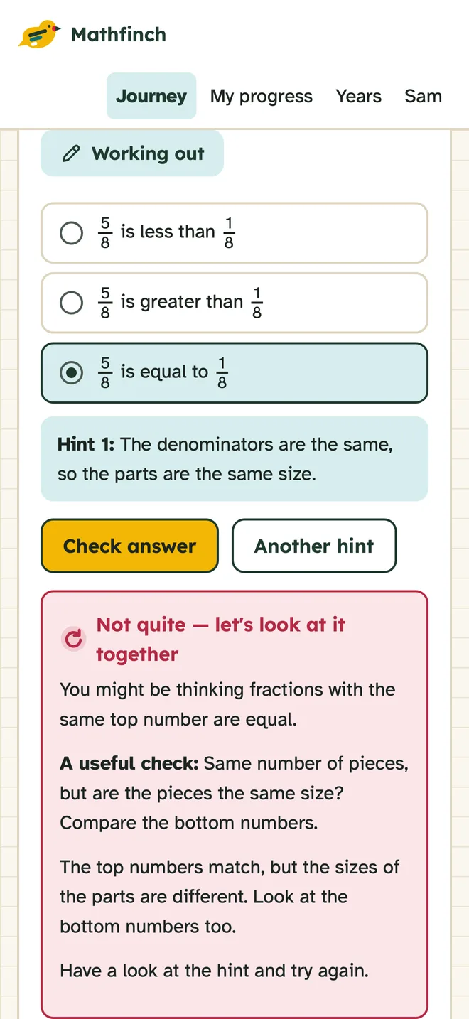 Feedback explaining the likely mistake in a wrong answer.